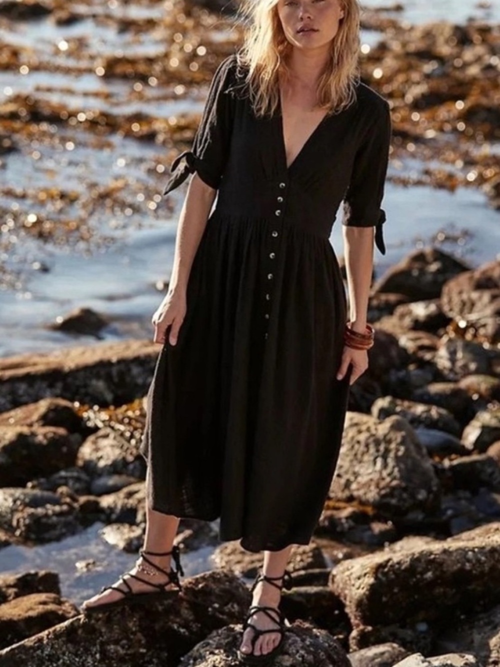 Free People Love of My Life Midi Dress Off Black 100% Cotton Size Medium - Picture 5 of 8